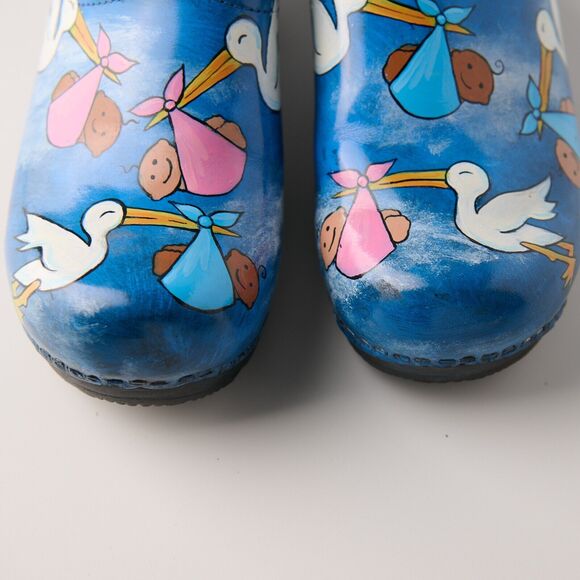 Sanita Hand Painted Stork Baby Clogs Sz 37 EU Nurse RN Midwife Shoes Denmark - Picture 5 of 15